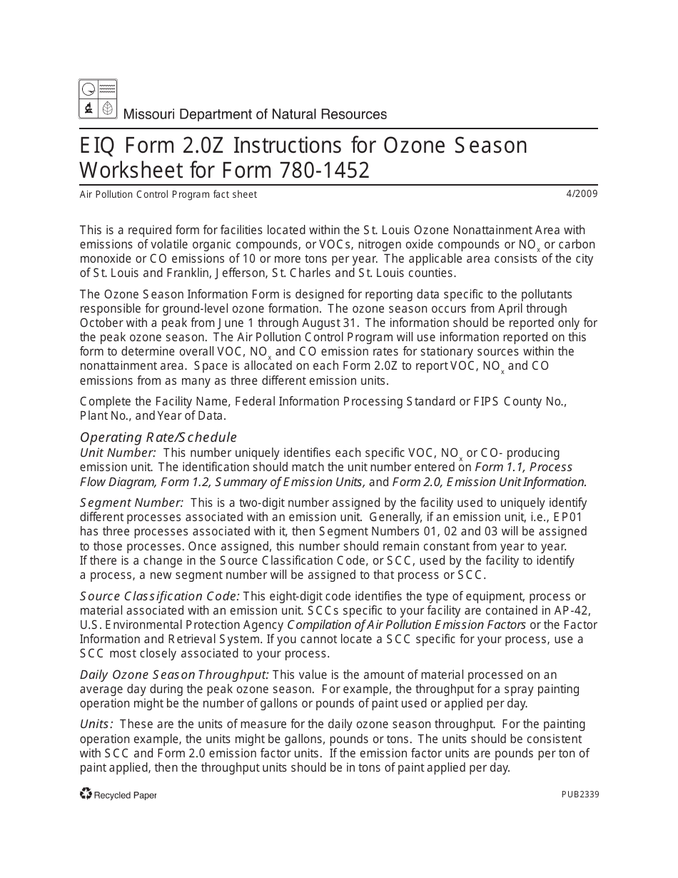 Instructions for Form MO780-1452, EIQ Form 2.0Z Ozone Season Information - Emissions Statement - Missouri, Page 1