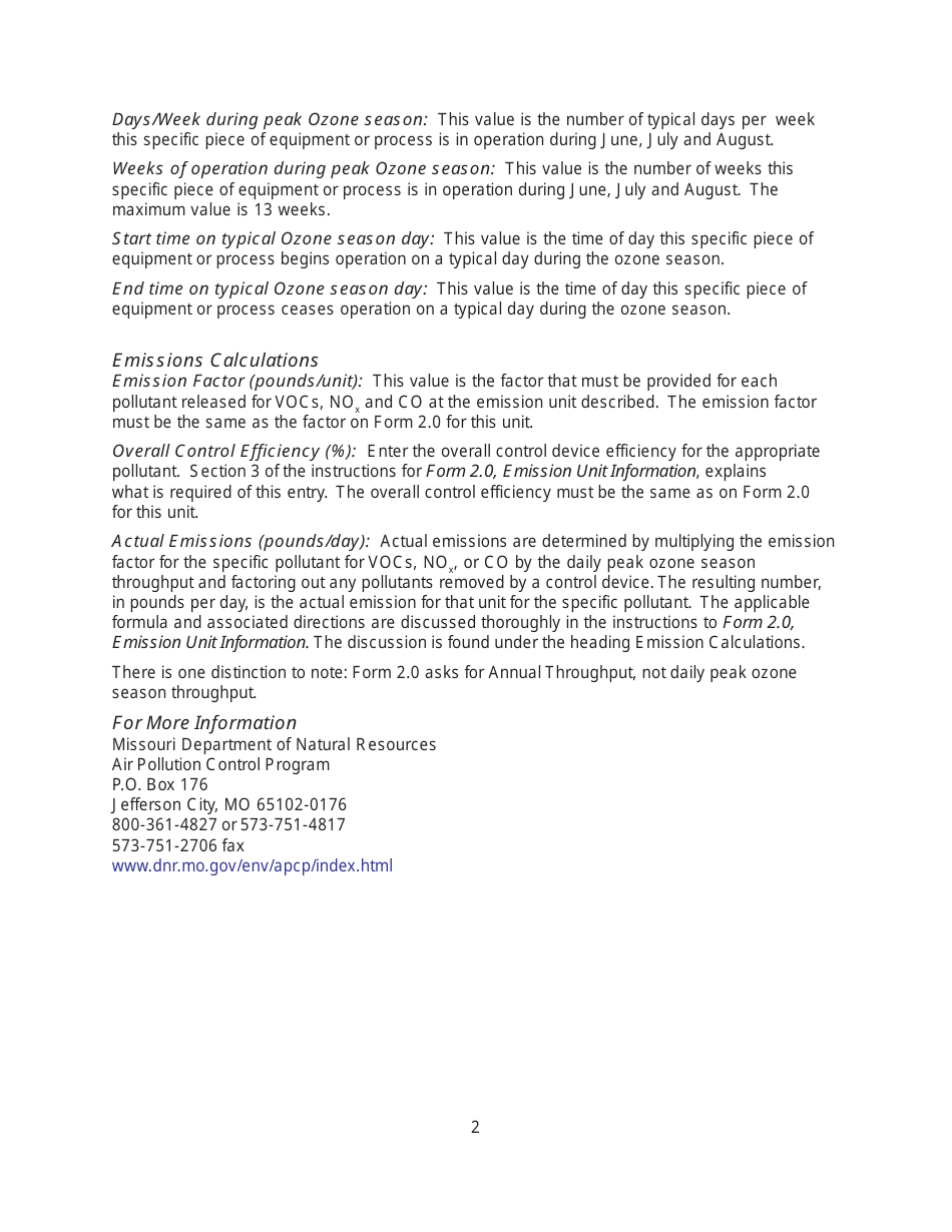 Instructions for Form MO780-1452, EIQ Form 2.0Z Ozone Season Information - Emissions Statement - Missouri, Page 2