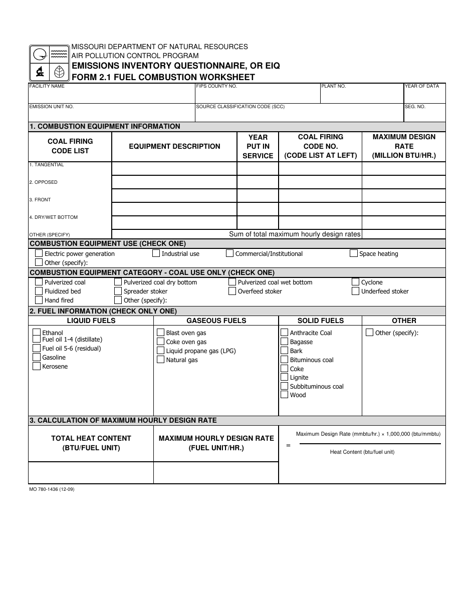 Form MO780-1436 (EIQ Form 2.1) Fuel Combustion Worksheet - Missouri, Page 1