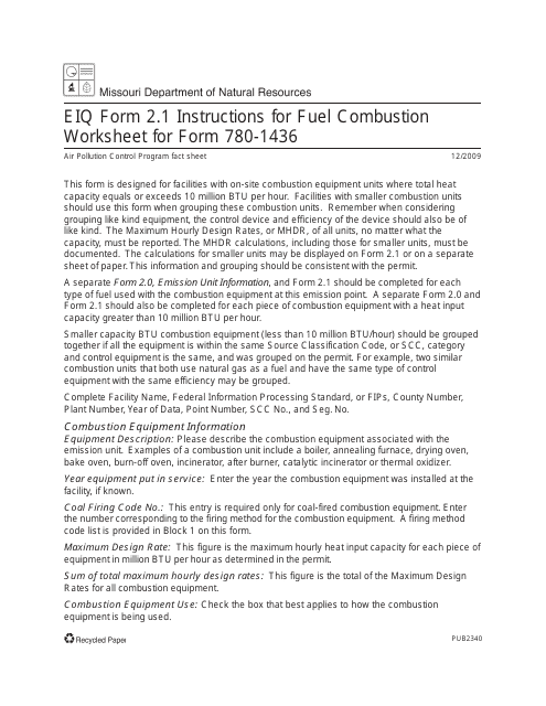 Instructions for Form MO780-1436, EIQ Form 2.1 Fuel Combustion Worksheet - Missouri