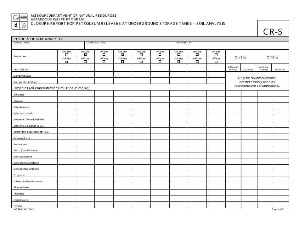 Form MO780-2141 Closure Report for Petroleum Releases at Underground Storage Tanks - Soil Analysis - Missouri, Page 1