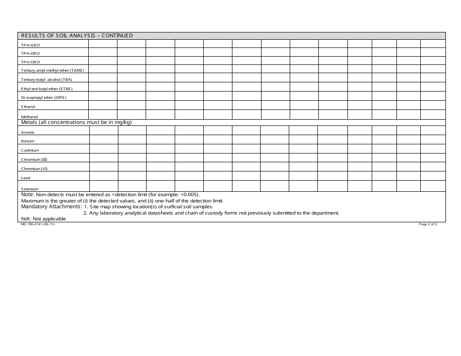 Form MO780-2141 Closure Report for Petroleum Releases at Underground Storage Tanks - Soil Analysis - Missouri, Page 2