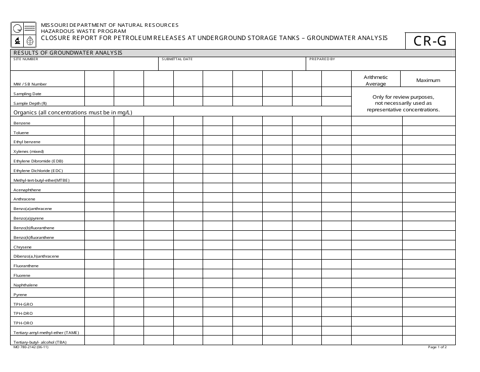 Form CR-G (MO780-2142) Closure Report for Petroleum Releases at Underground Storage Tanks - Groundwater Analysis - Missouri, Page 1