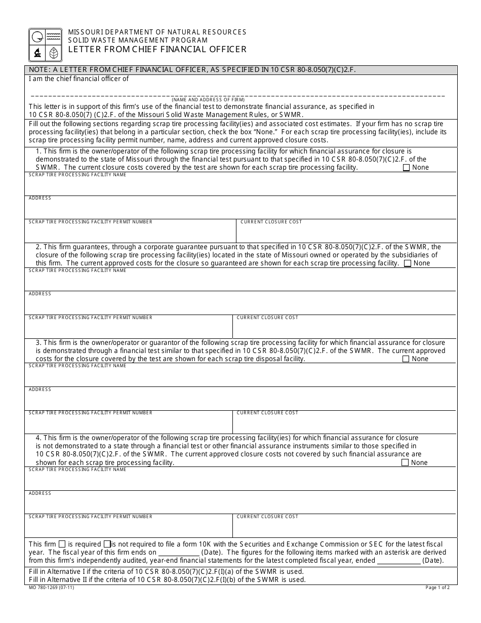 Form MO780-1269 Letter From Chief Financial Officer - Missouri, Page 1