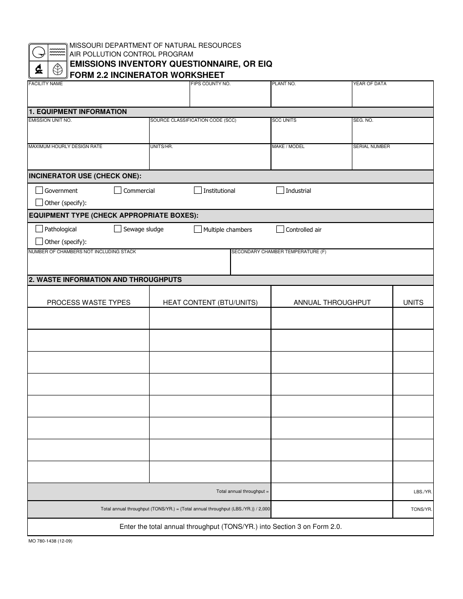 EIQ Form 2.2 (MO780-1438) Incinerator Worksheet - Missouri, Page 1