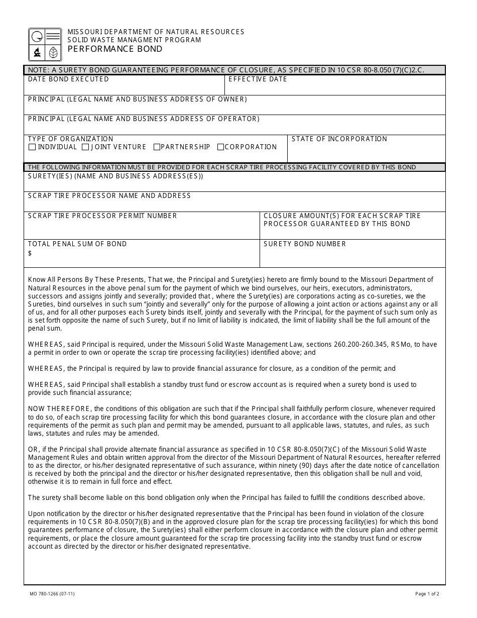 Form MO780-1266 Performance Bond - Missouri, Page 1