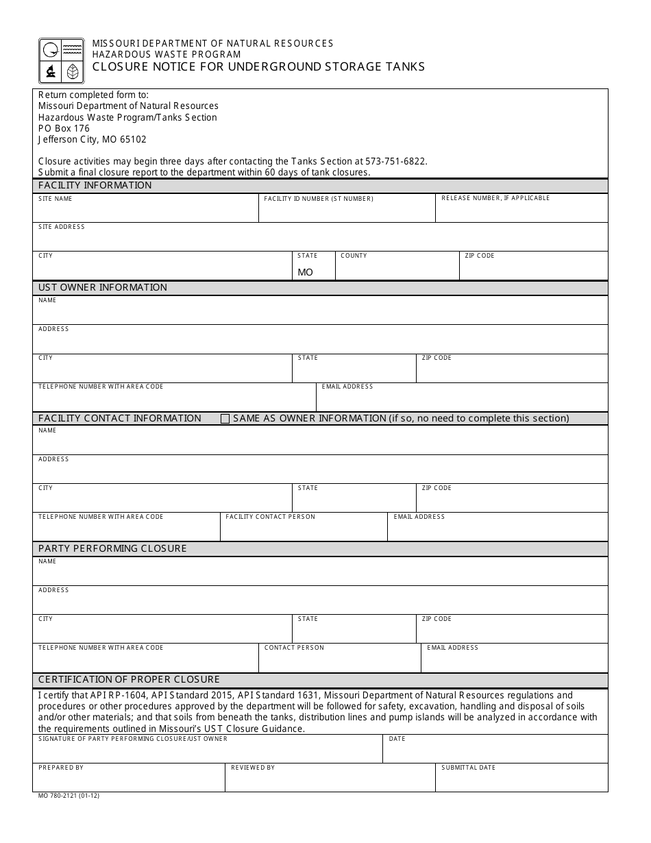 Form MO780-2121 Closure Notice for Underground Storage Tanks - Missouri, Page 1