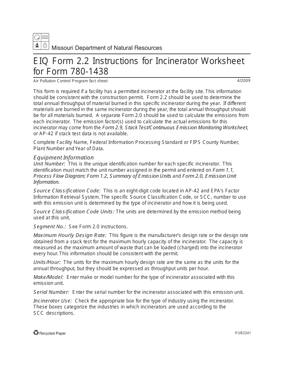 Instructions for EIQ Form 2.2, MO780-1438 Incinerator Worksheet - Missouri, Page 1