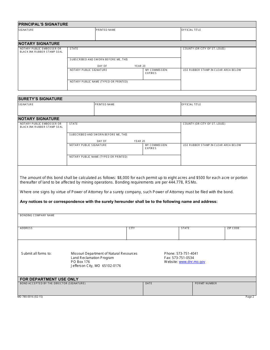Form MO780-0016 Surety Bond - Surface Mining of Minerals - Missouri, Page 2