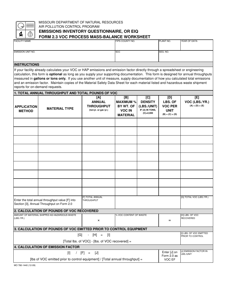 EIQ Form 2.3 (MO780-1440) VOC Process Mass-Balance Worksheet - Missouri, Page 1