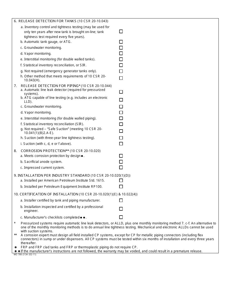 Form MO780-2134 Regulatory Requirements for Installations for New Underground Storage Tank Systems Compliance Checklist - Missouri, Page 2