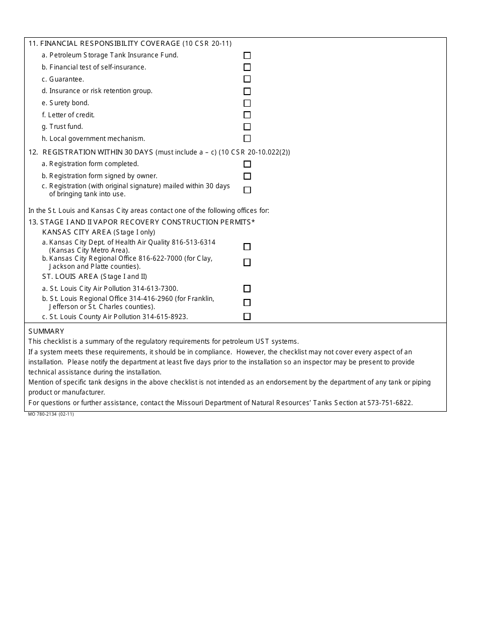 Form MO780-2134 Regulatory Requirements for Installations for New Underground Storage Tank Systems Compliance Checklist - Missouri, Page 3