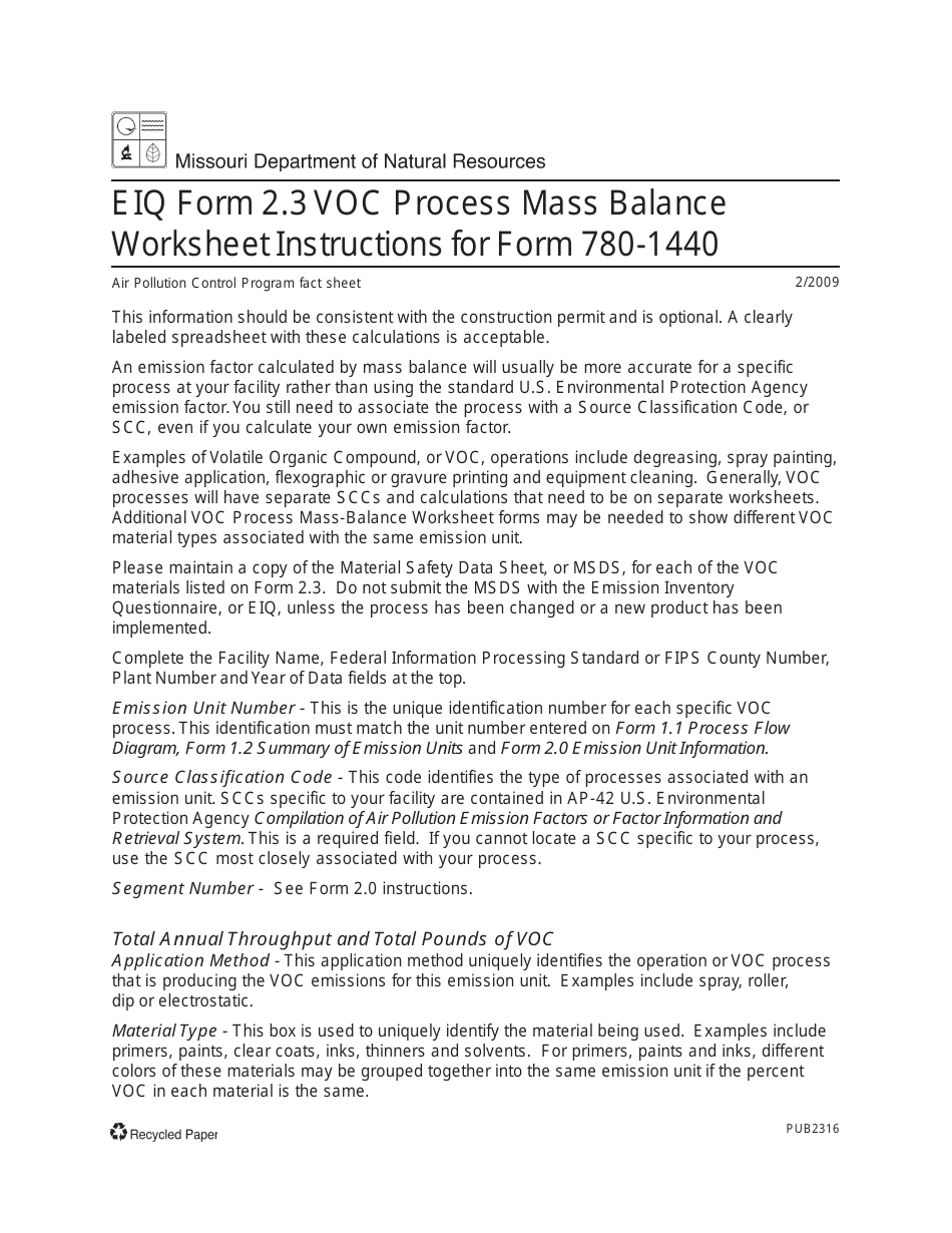 Instructions for EIQ Form 2.3, MO780-1440 VOC Process Mass Balance Worksheet - Missouri, Page 1