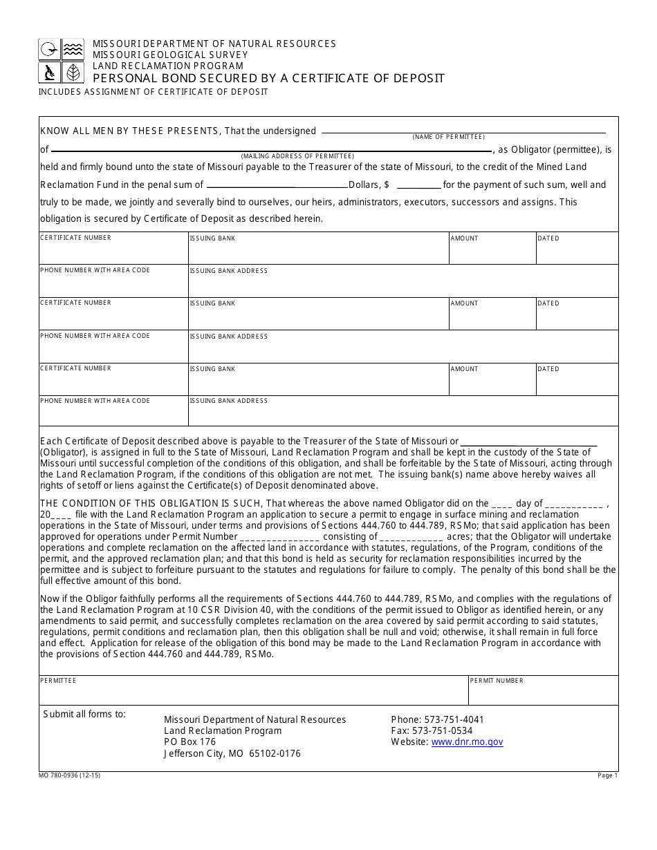 Form MO780-0936 Personal Bond Secured by a Certificate of Deposit - Missouri, Page 1