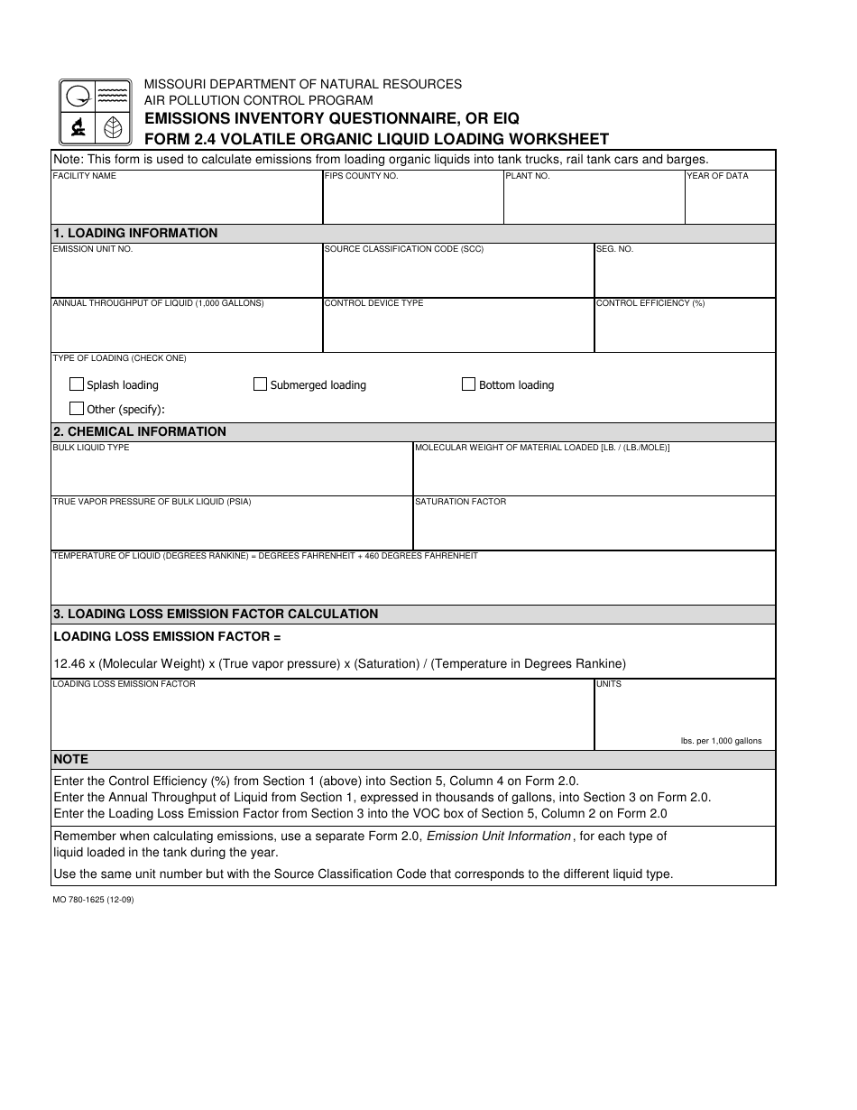 EIQ Form 2.4 (MO780-1625) Volatile Organic Liquid Loading Worksheet - Missouri, Page 1