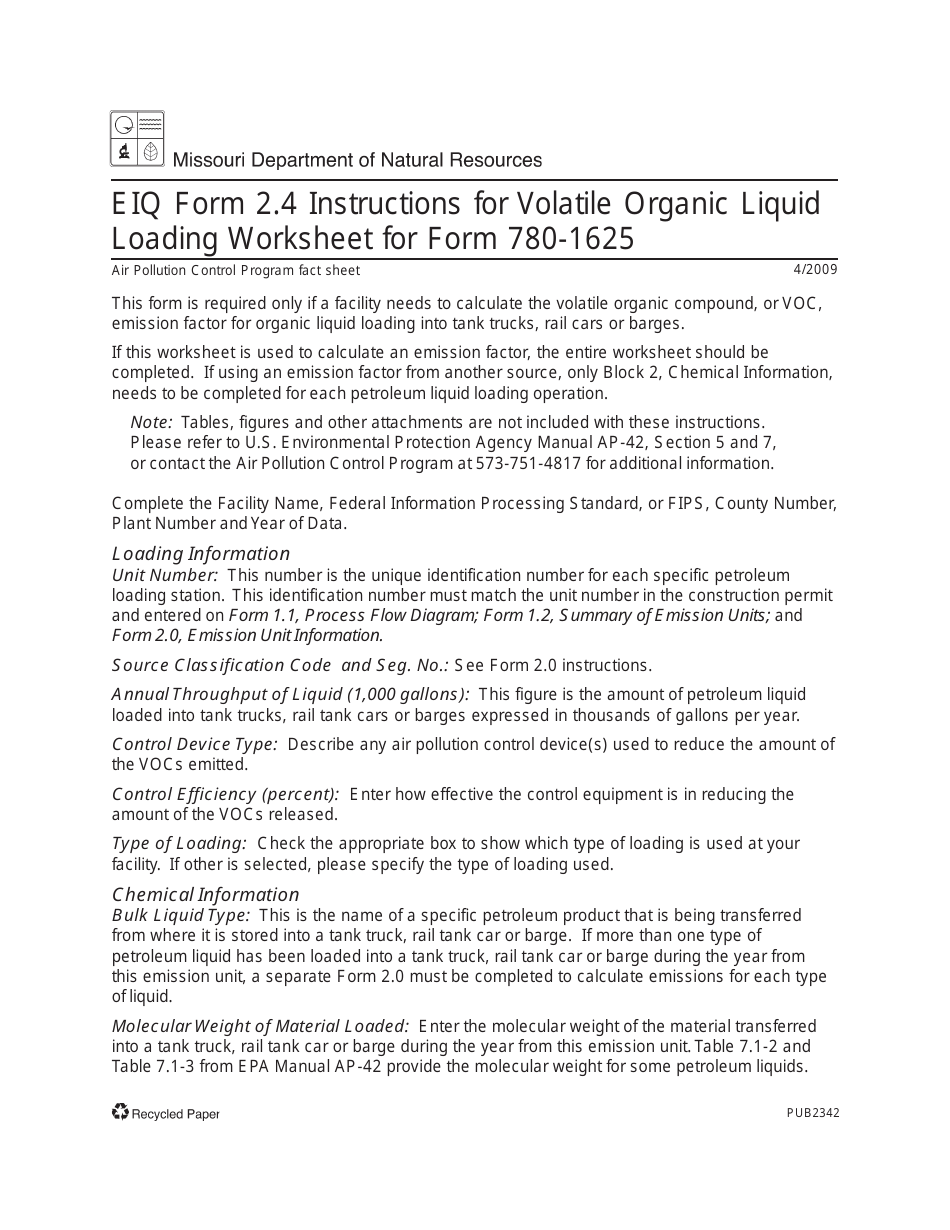 Instructions for EIQ Form 2.4, MO780-1625 Volatile Organic Liquid Loading Worksheet - Missouri, Page 1
