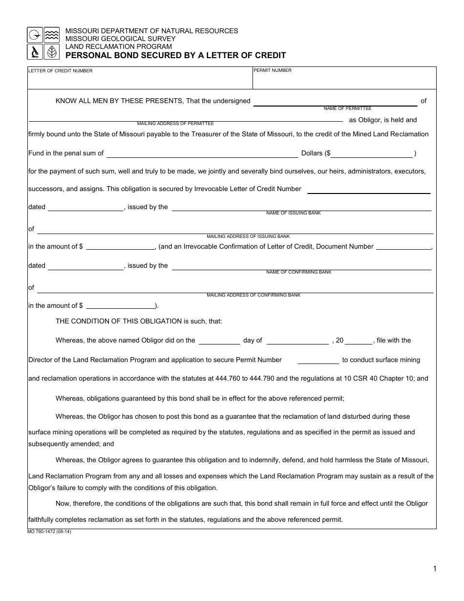 Form MO780-1472 Personal Bond Secured by a Letter of Credit - Missouri, Page 1