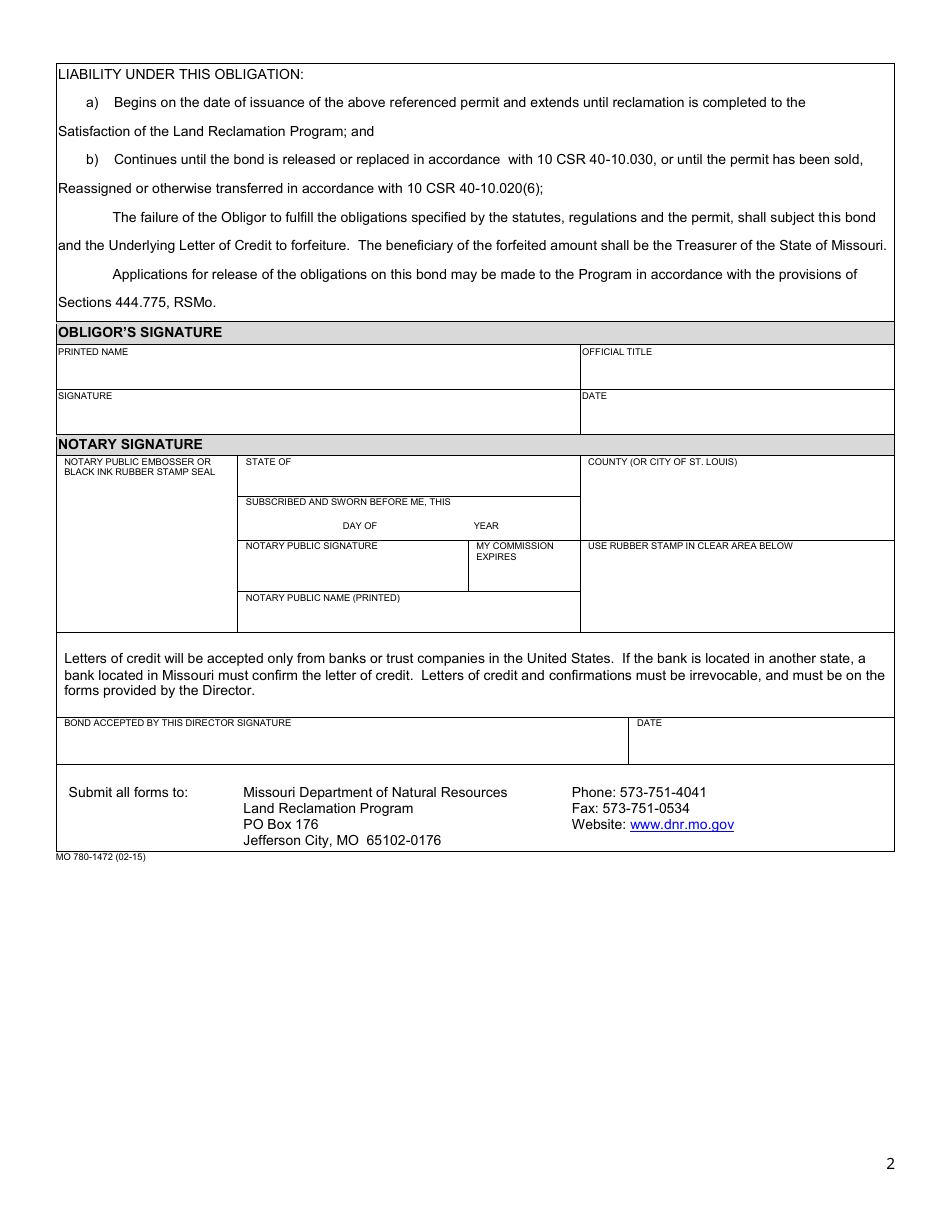 Form MO780-1472 Personal Bond Secured by a Letter of Credit - Missouri, Page 2