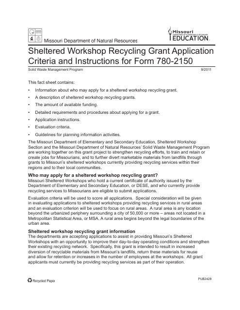 Instructions for Form MO780-2150 Sheltered Workshop Recycling Grant Application - Missouri