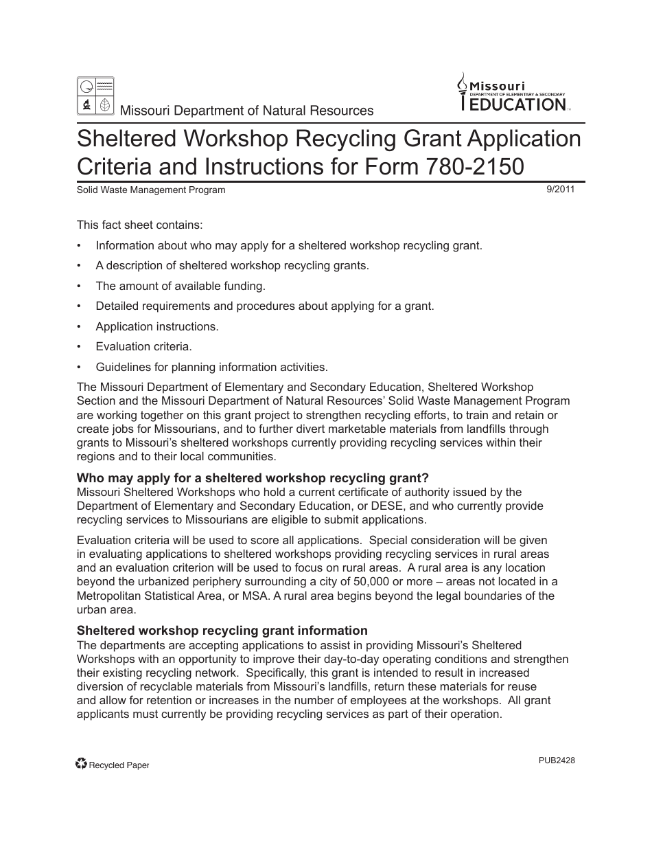 Instructions for Form MO780-2150 Sheltered Workshop Recycling Grant Application - Missouri, Page 1