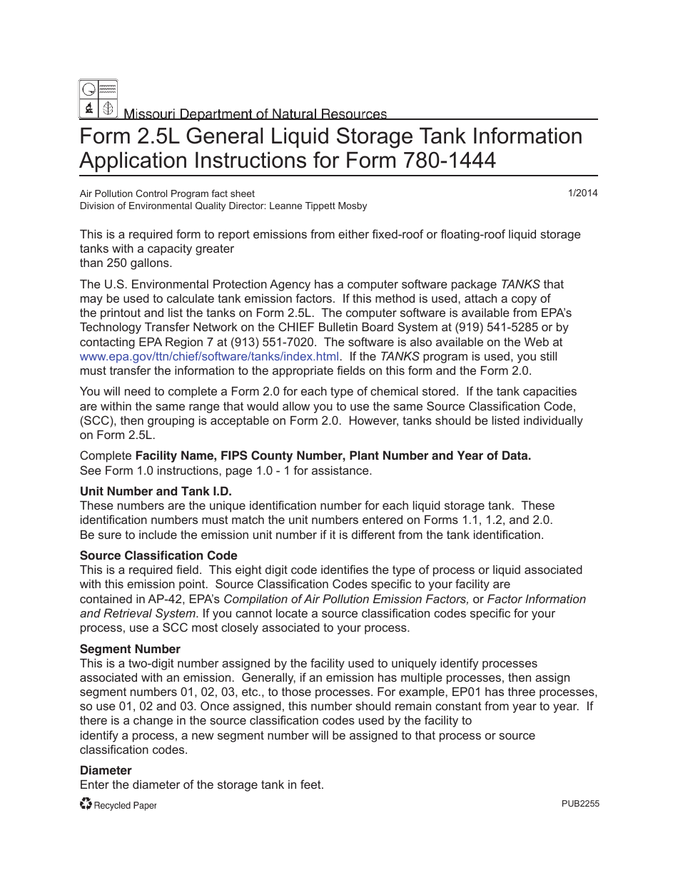 Instructions for Form MO780-1444, 2.5L General Liquid Storage Tank Information - Missouri, Page 1