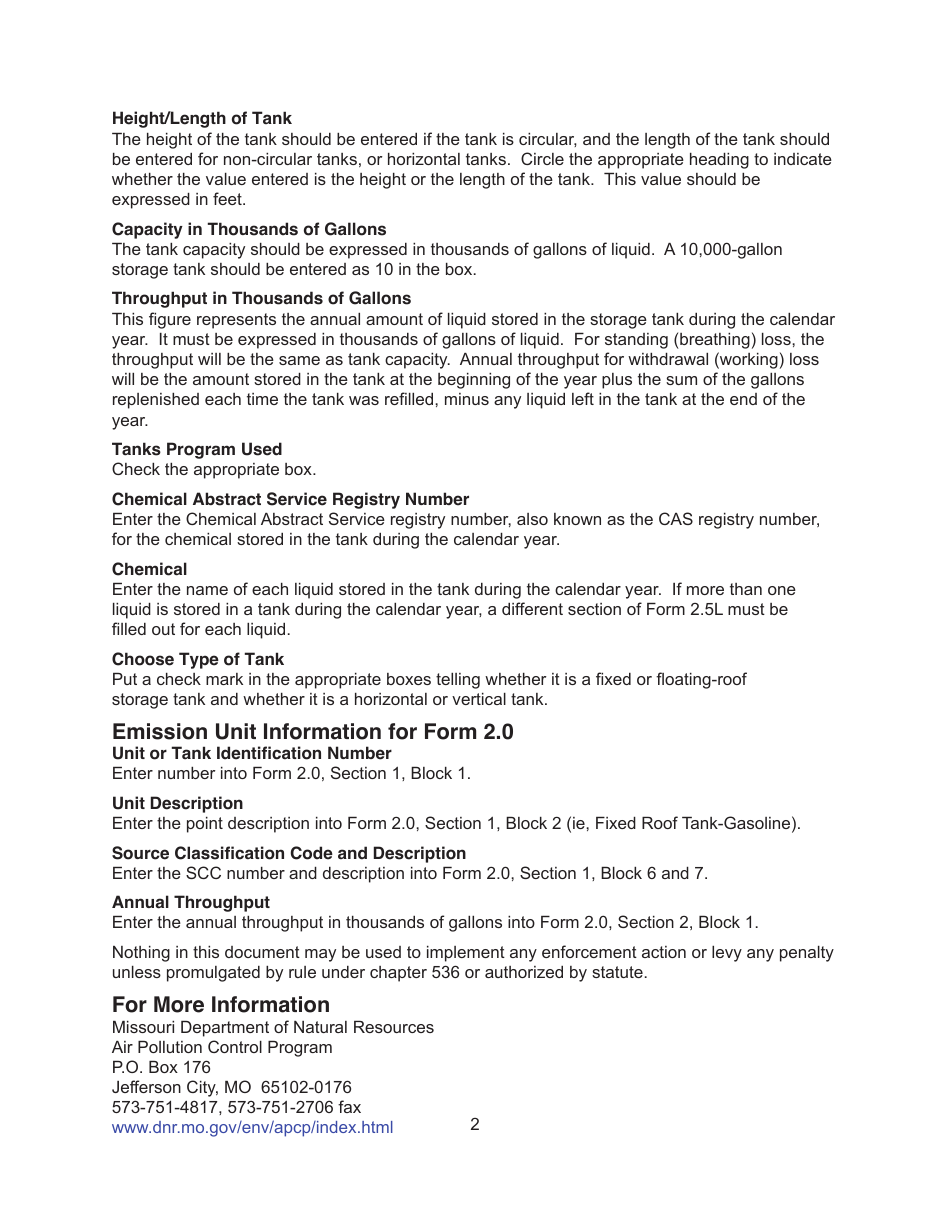 Instructions for Form MO780-1444, 2.5L General Liquid Storage Tank Information - Missouri, Page 2