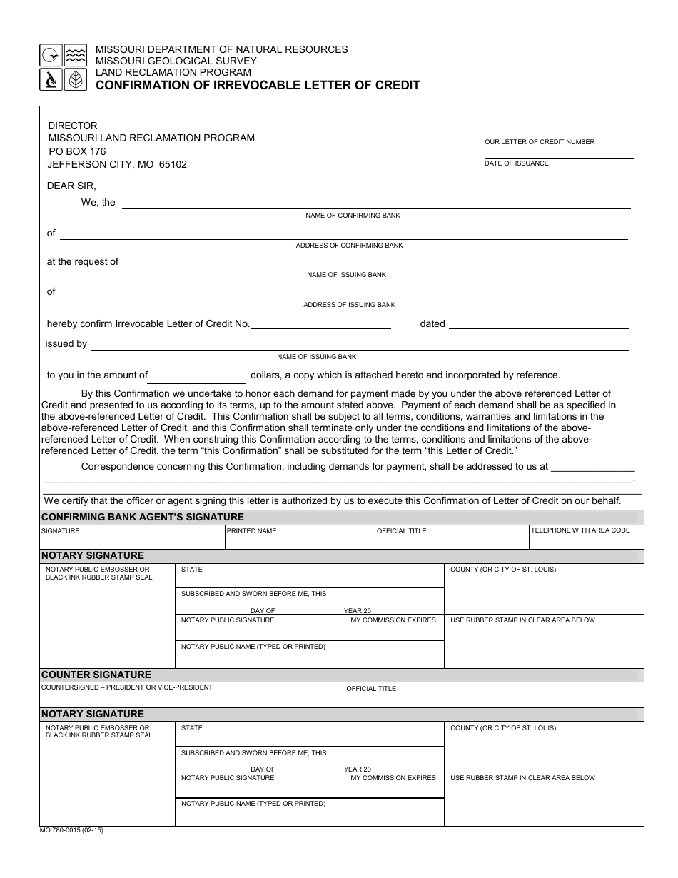 Form MO780-0015 Confirmation of Irrevocable Letter of Credit - Missouri, Page 1