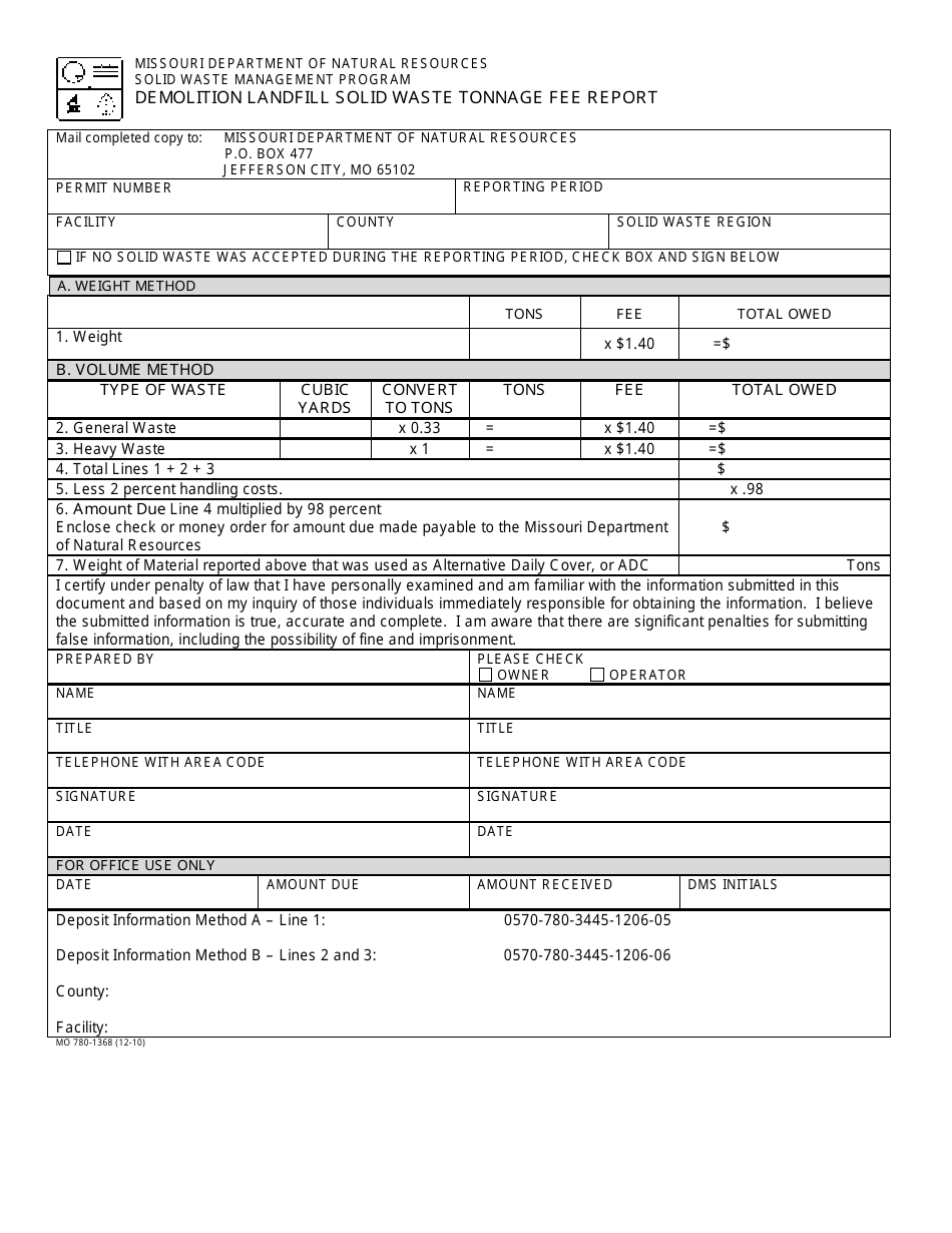 Form MO780-1368 Demolition Landfill Solid Waste Tonnage Fee Report - Missouri, Page 1
