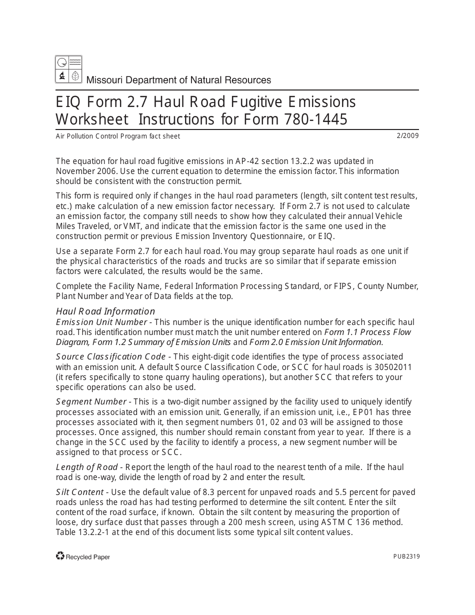 Instructions for EIQ Form 2.7, MO780-1445 Haul Road Fugitive Emissions Worksheet - Missouri, Page 1
