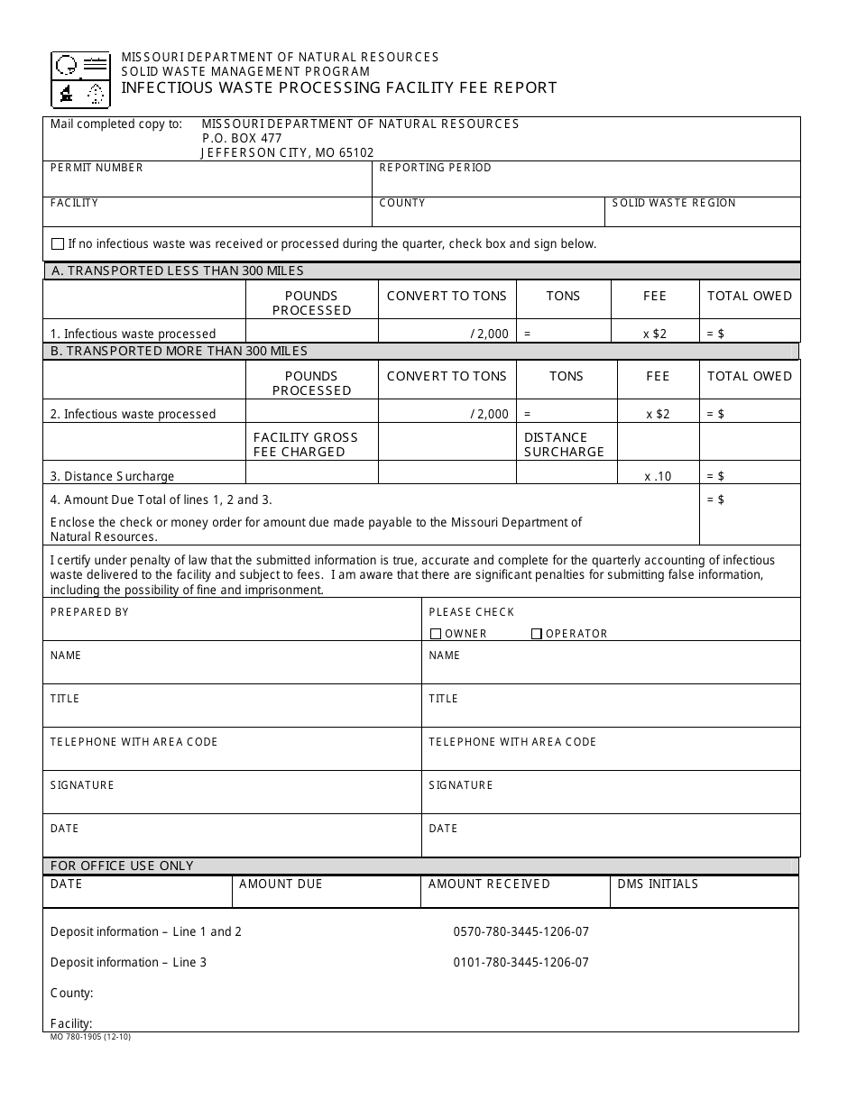 Form MO780-1905 Infectious Waste Processing Facility Fee Report - Missouri, Page 1