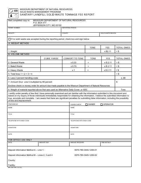Form MO780-1367 Sanitary Landfill Solid Waste Tonnage Fee Report - Missouri