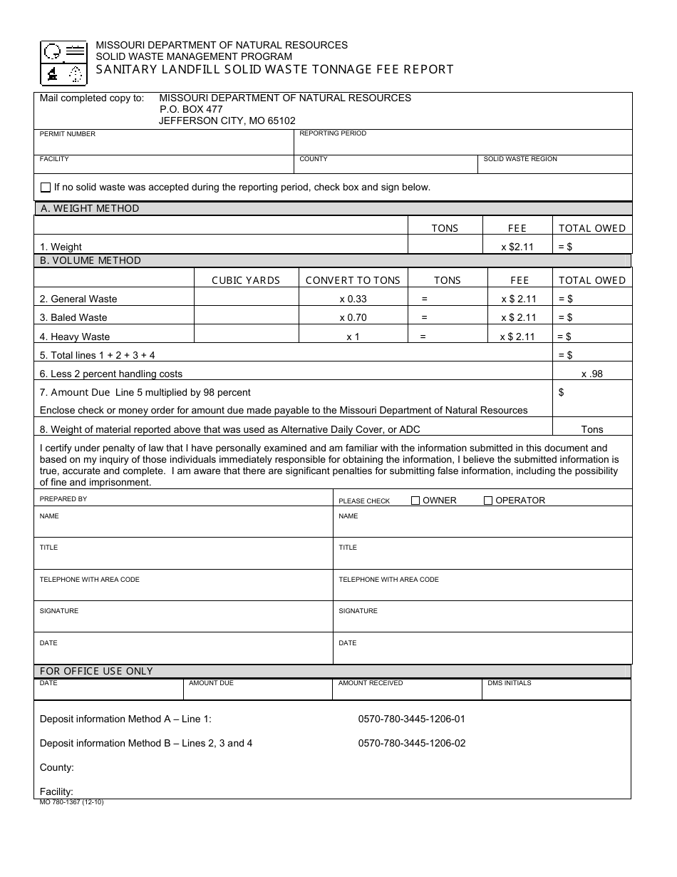 Form MO780-1367 Sanitary Landfill Solid Waste Tonnage Fee Report - Missouri, Page 1
