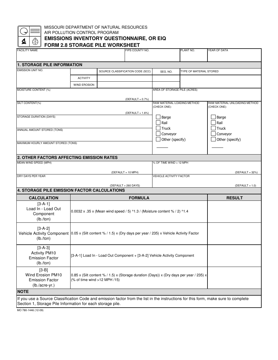 EIQ Form 2.8 (MO780-1446) Storage Pile Worksheet - Missouri, Page 1
