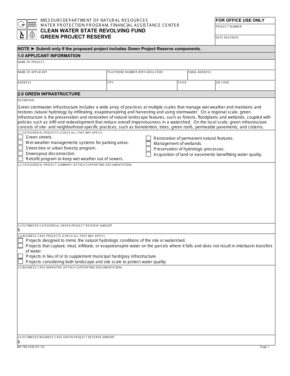 Form MO780-2530 Clean Water State Revolving Fund Green Project Reserve - Missouri, Page 1