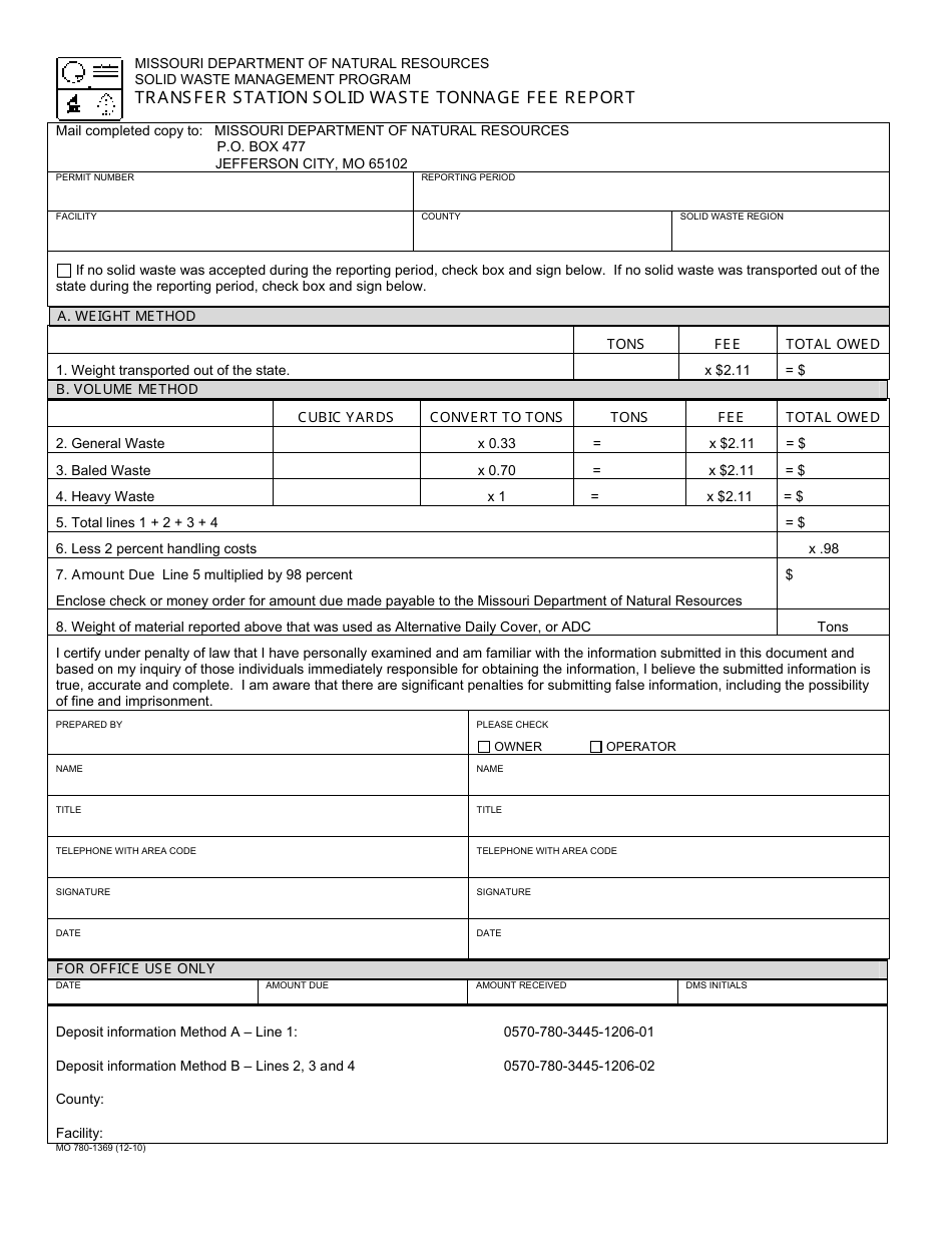 Form MO780-1369 Transfer Station Solid Waste Tonnage Fee Report - Missouri, Page 1