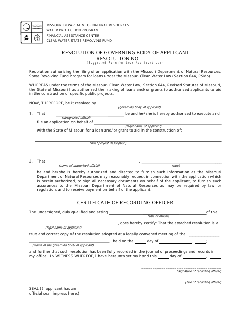 Resolution of Governing Body of Applicant - Water Protection Program - Missouri