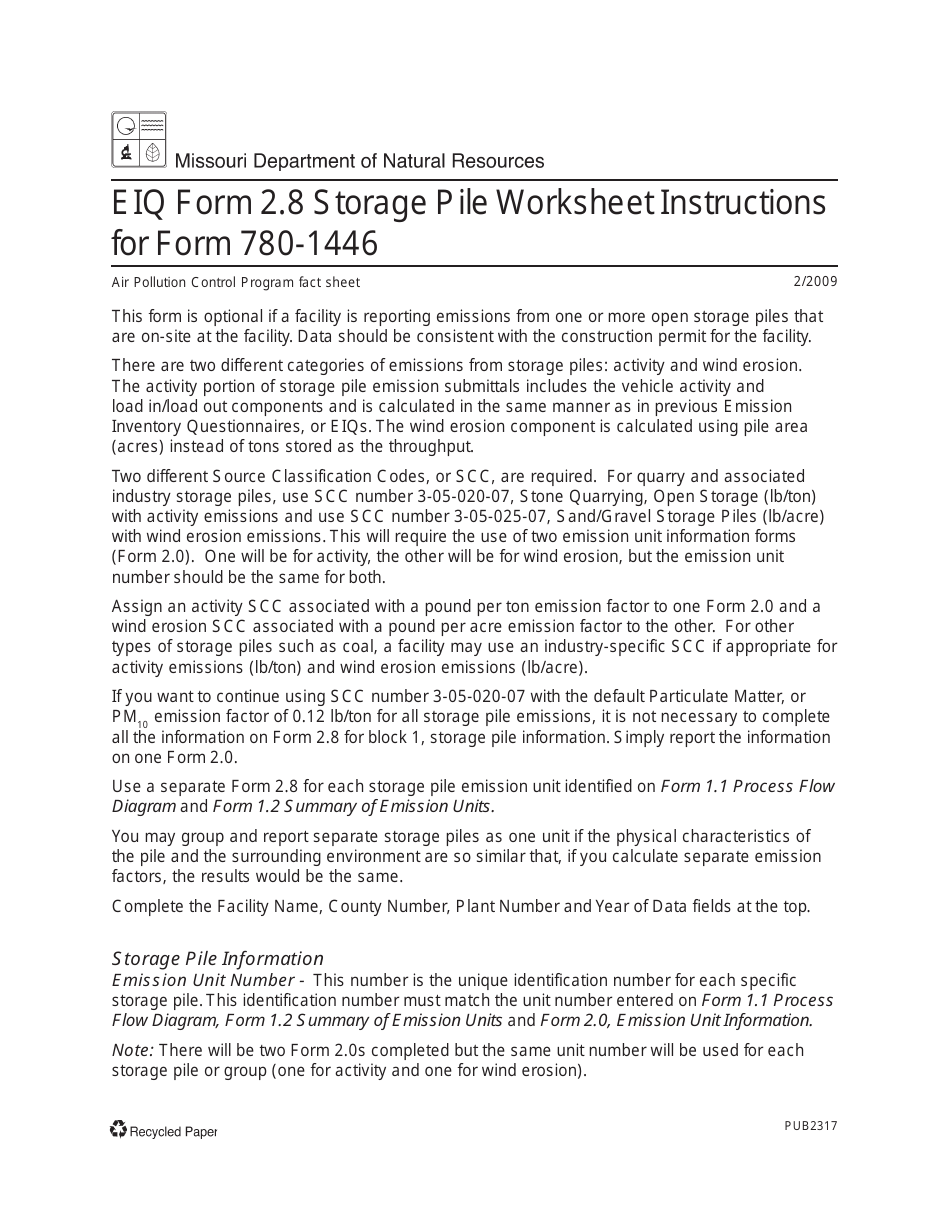 Instructions for EIQ Form 2.8, MO780-1446 Storage Pile Worksheet - Missouri, Page 1