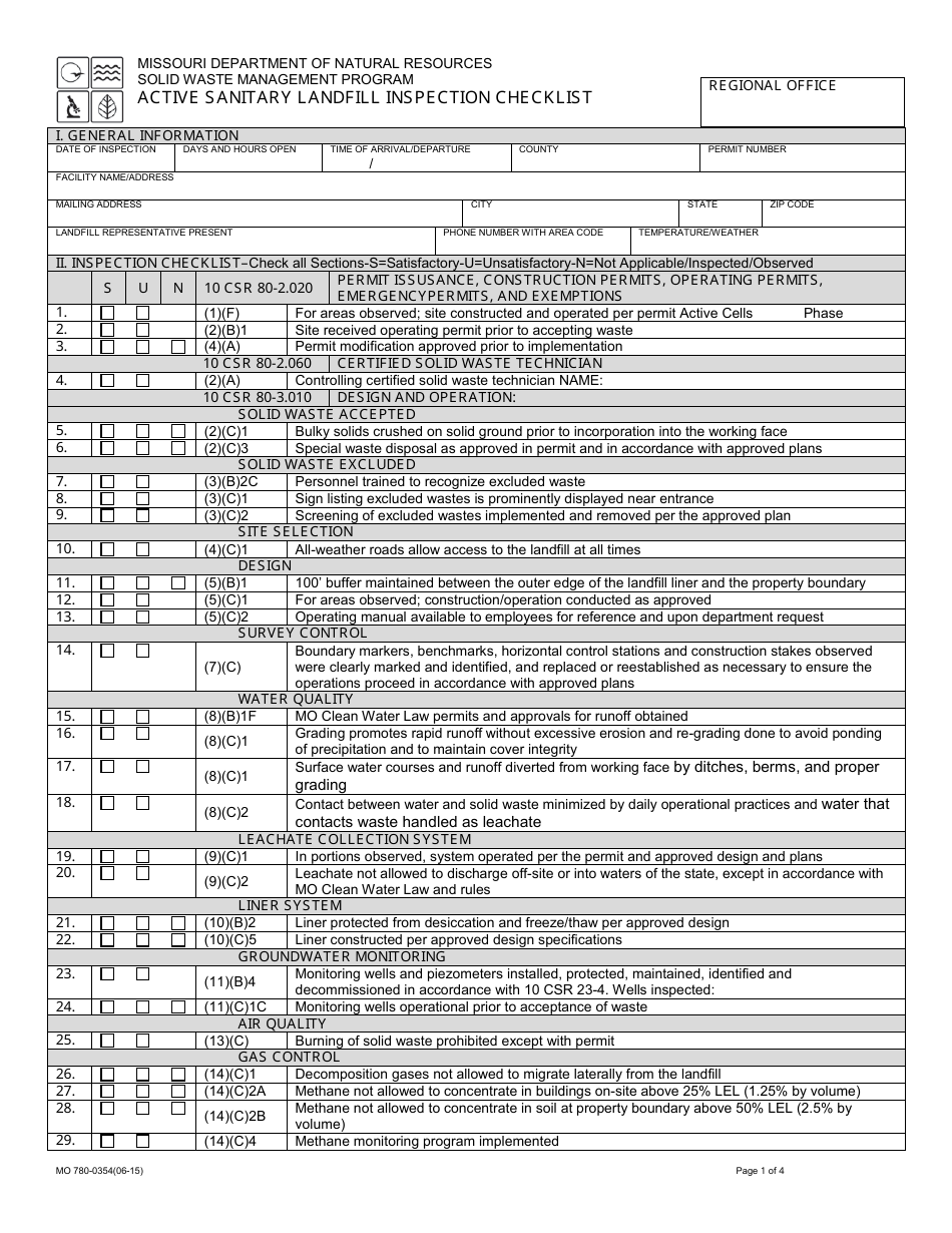 Form MO780-0354 Active Sanitary Landfill Inspection Checklist - Missouri, Page 1