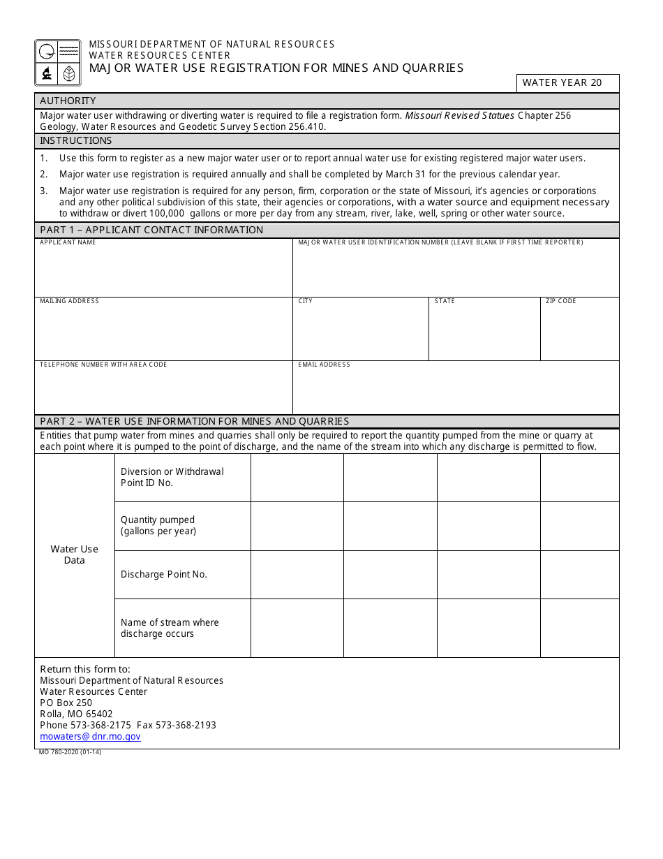 Form MO780-2020 Major Water Use Registration for Mines and Quarries - Missouri, Page 1