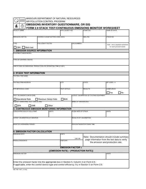 EIQ Form 2.9 (MO780-1447) Stack Test/Continuous Emissions Monitoring Worksheet - Missouri