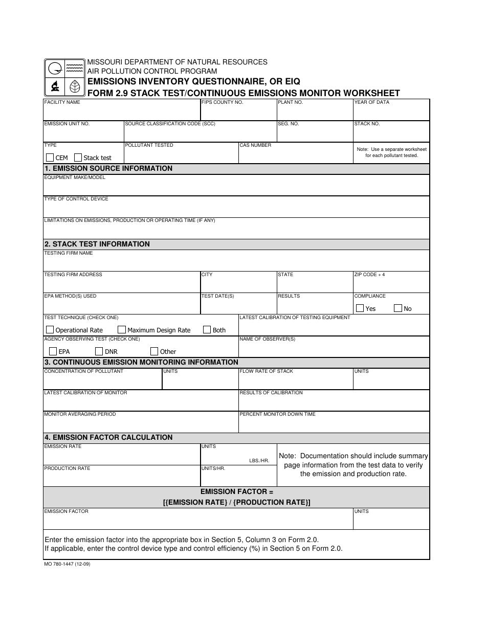 EIQ Form 2.9 (MO780-1447) Stack Test / Continuous Emissions Monitoring Worksheet - Missouri, Page 1