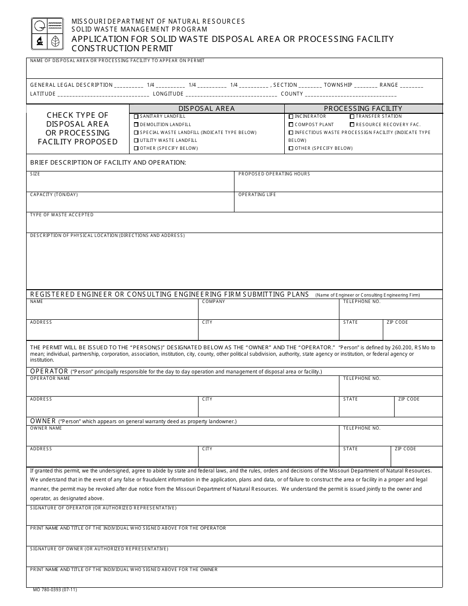 Form MO780-0393 Application for Solid Waste Disposal Area or Processing Facility Construction Permit - Missouri, Page 1