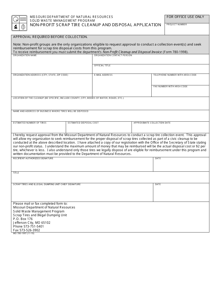 Form MO780-1997 Non-profit Scrap Tire Cleanup and Disposal Application - Missouri, Page 1