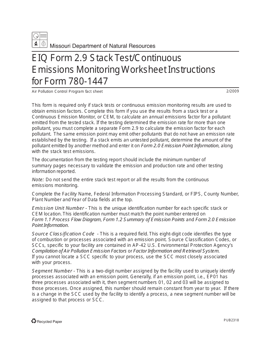 Instructions for EIQ Form 2.9, MO780-1447 Stack Test / Continuous Emissions Monitoring Worksheet - Missouri, Page 1