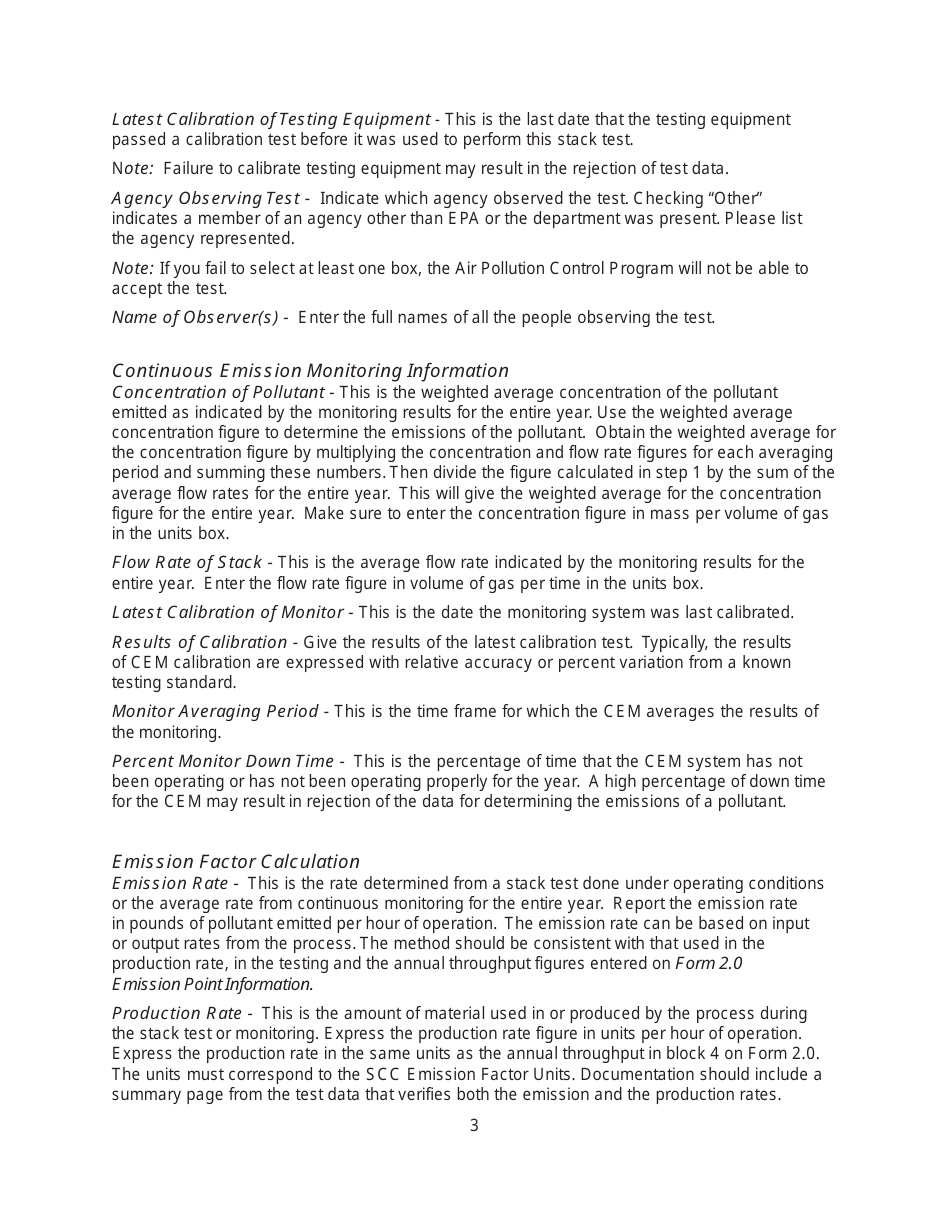 Instructions for EIQ Form 2.9, MO780-1447 Stack Test / Continuous Emissions Monitoring Worksheet - Missouri, Page 3