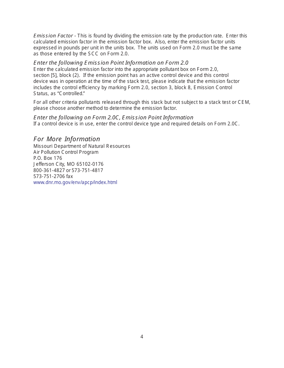 Instructions for EIQ Form 2.9, MO780-1447 Stack Test / Continuous Emissions Monitoring Worksheet - Missouri, Page 4