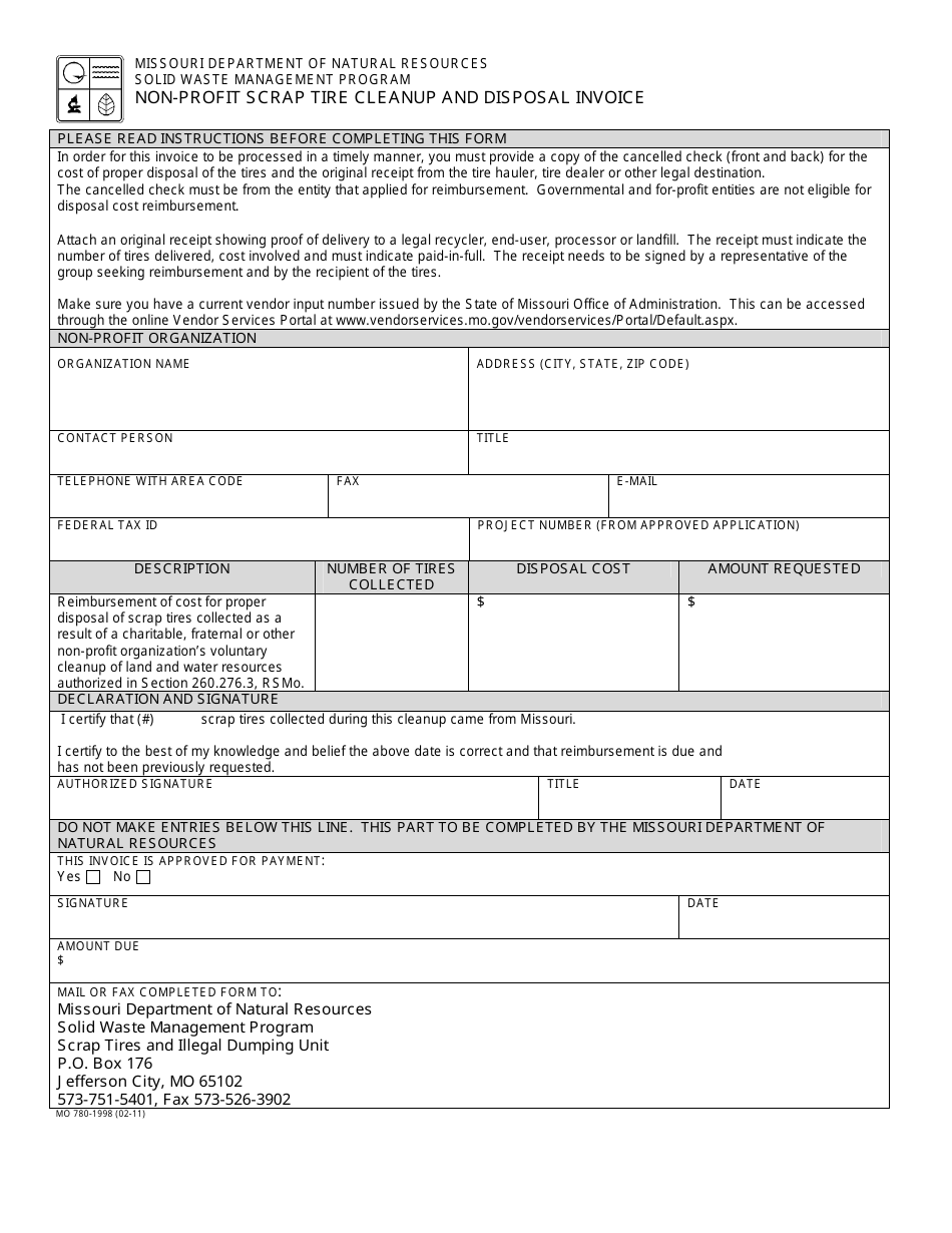 Form MO780-1998 Non-profit Scrap Tire Cleanup and Disposal Invoice - Missouri, Page 1