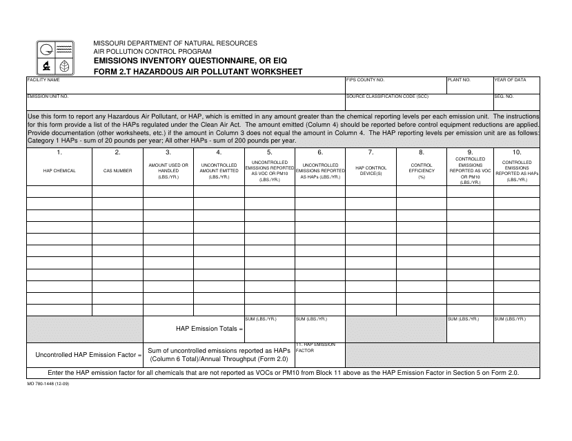 Form 2.T (MO780-1448) Hazardous Air Pollutant Worksheet - Missouri