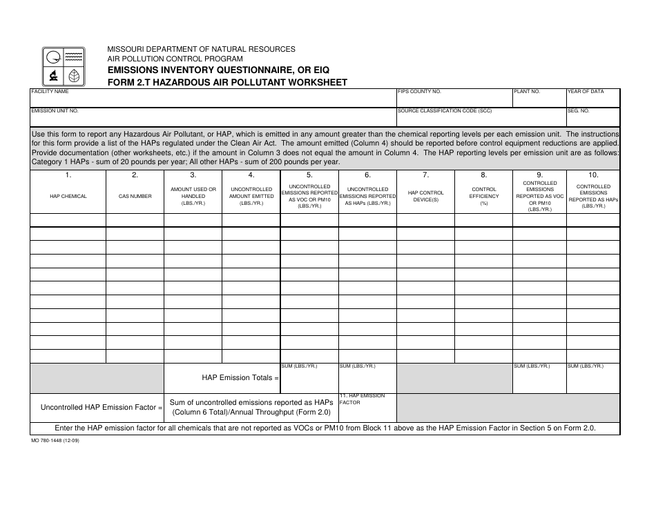Form 2.T (MO780-1448) Hazardous Air Pollutant Worksheet - Missouri, Page 1