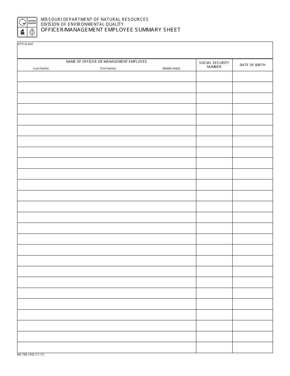Form MO780-1042 Officer / Management Employee Summary Sheet - Missouri, Page 1